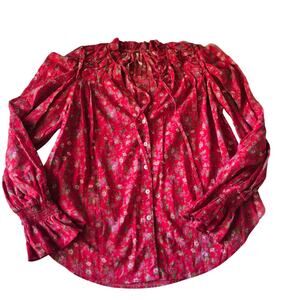 Free People Red Floral‎ Boho Peasant Blouse Smocked Ruffle Button Down Top S